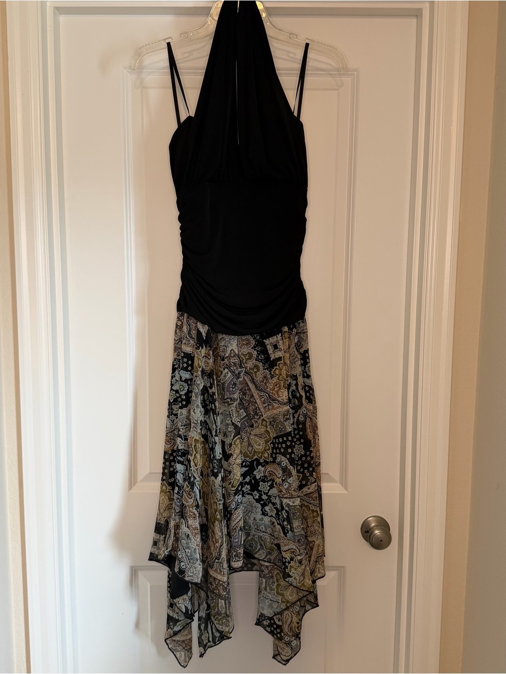 Early 2000s Y2K Halter Dress Black with Ruched Paisley Skirt Handkerchief Hem